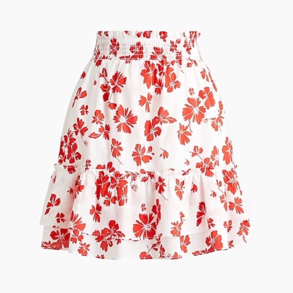 J.Crew Ruffled smocked-waist mini skirt in white bright cerise floral